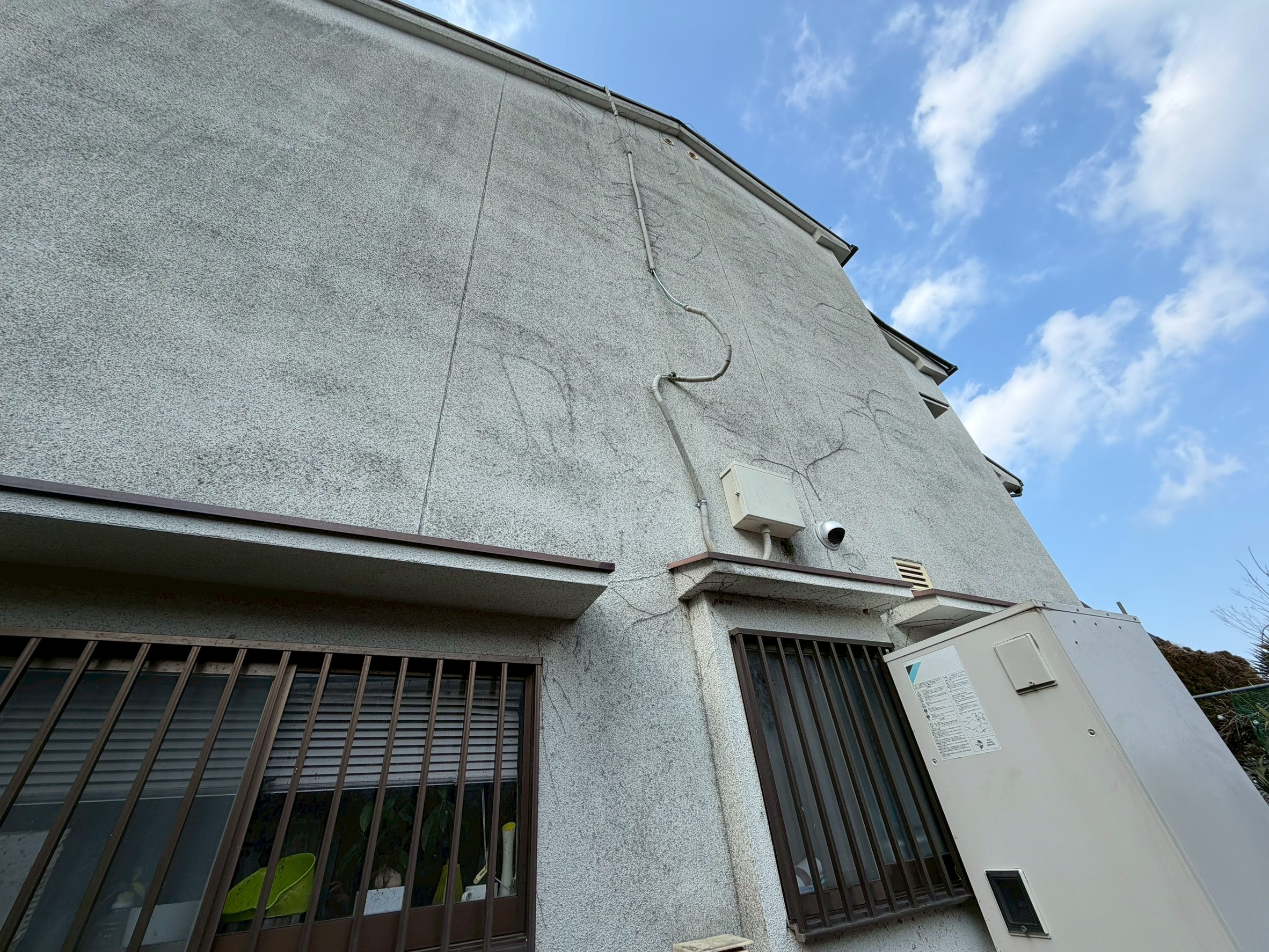 【阪南市自然田】モルタル壁：ひび割れと苔の発生が目立つお家の現地調査へいきました